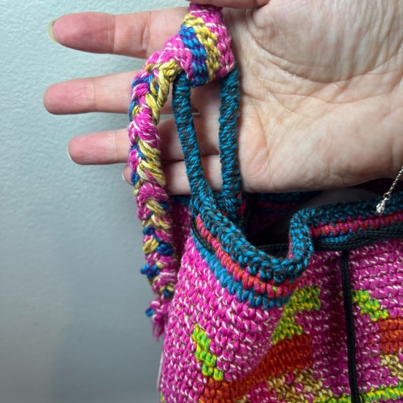 Wayuu Woven Bucket Bag Purse Pink Yellow Wood Bead Animal Print Cinch Close Boho - Picture 6 of 13